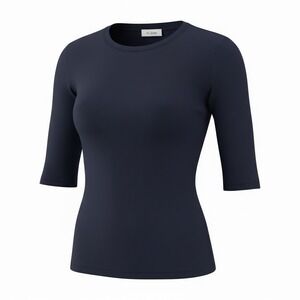 St. John Ribbed Knit Top Womens Medium Navy Blue Excellent Elbow Sleeve Crewneck